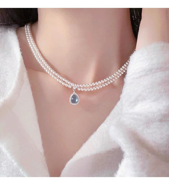 Faux Layered Necklace Gemstone Pendant Pearl FashionChic