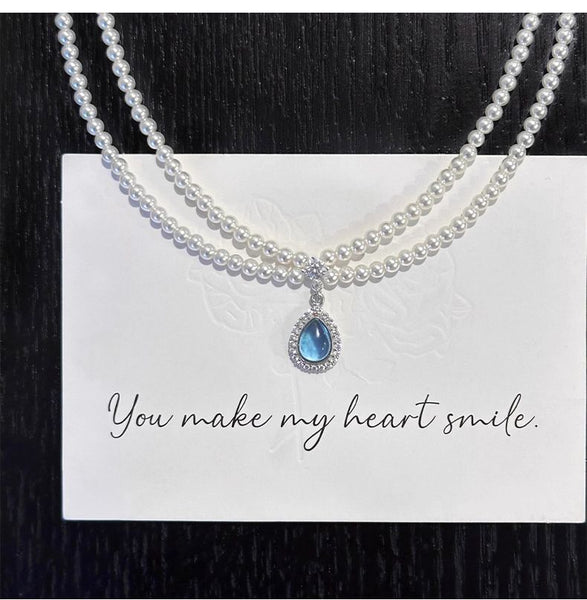 Faux Layered Necklace Gemstone Pendant Pearl FashionChic