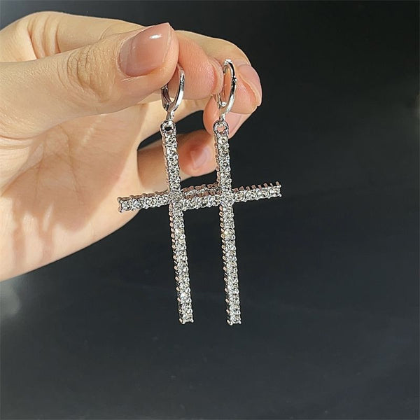 Earring Rhinestone Drop Cross Huggie FashionChic
