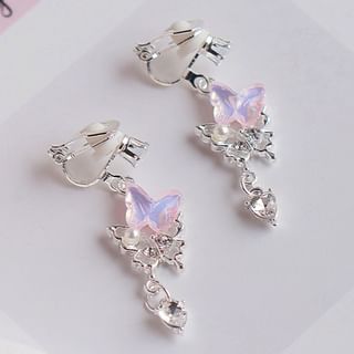 Clip-On Butterfly / Rhinestone Drop Pearl Earring Faux FashionChic