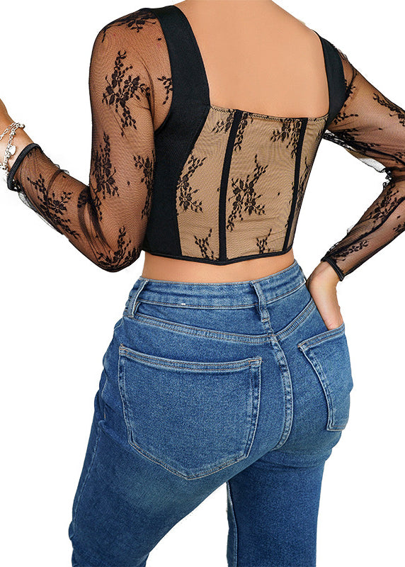 Hollow Patchwork Black Top Lace Casual Tight Out Fitting Design FashionChic