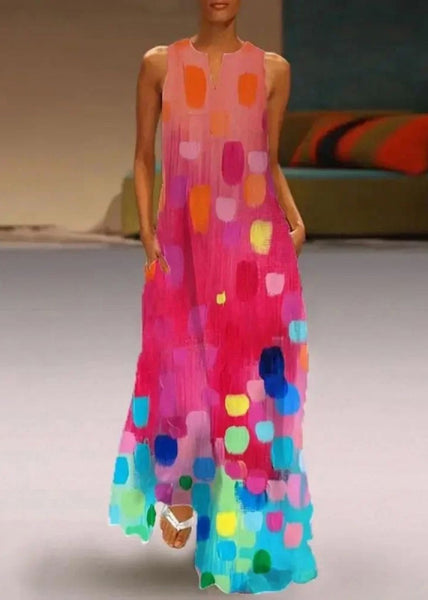 Ladies' Red Printed Sleeveless V-Neck Dress Maxi FashionChic