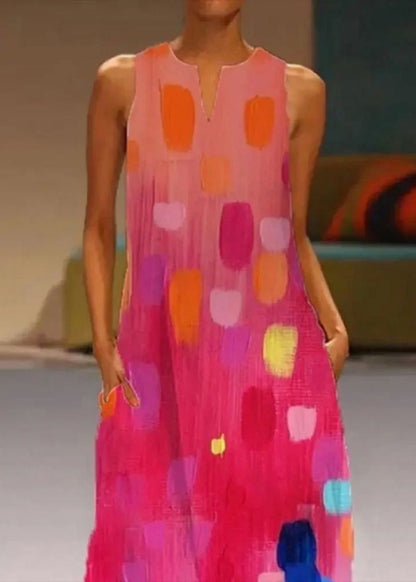 Ladies' Red Printed Sleeveless V-Neck Dress Maxi FashionChic