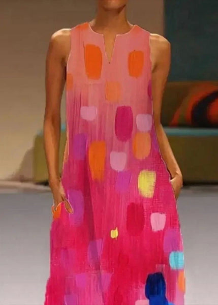 Ladies' Red Printed Sleeveless V-Neck Dress Maxi FashionChic