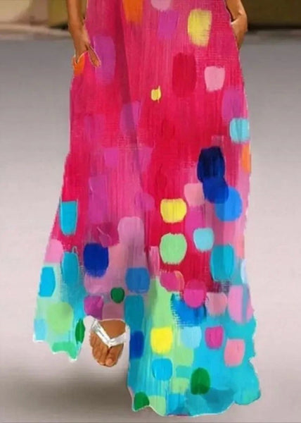 Ladies' Red Printed Sleeveless V-Neck Dress Maxi FashionChic