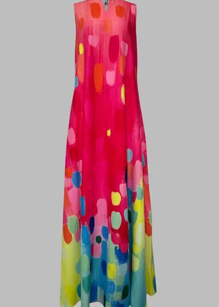 Ladies' Red Printed Sleeveless V-Neck Dress Maxi FashionChic