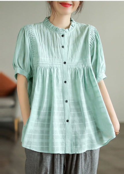 Blue Shirts Ruffled Summer Lake Wrinkled Cotton FashionChic
