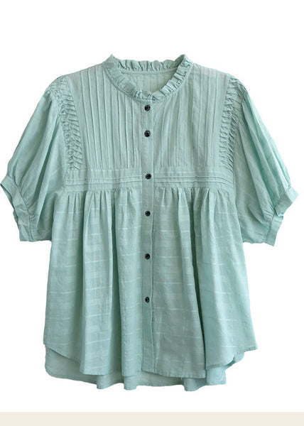Blue Shirts Ruffled Summer Lake Wrinkled Cotton FashionChic