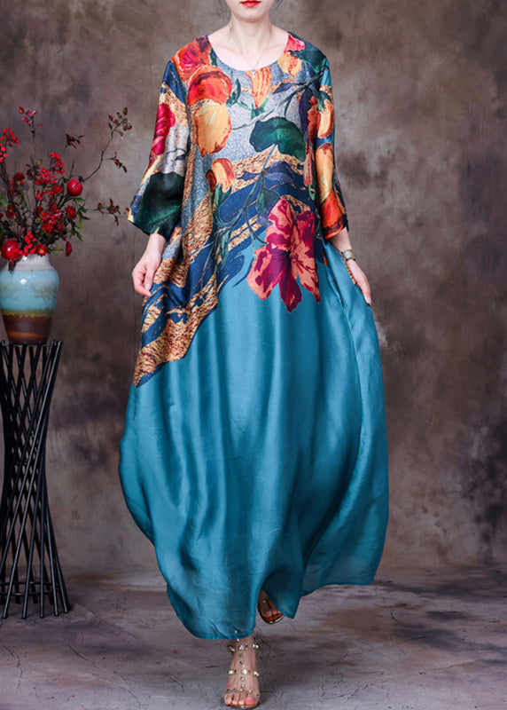 Lake Blue Pockets Print Silk Long Dresses O Neck Half Sleeve AA1030 Ada Fashion