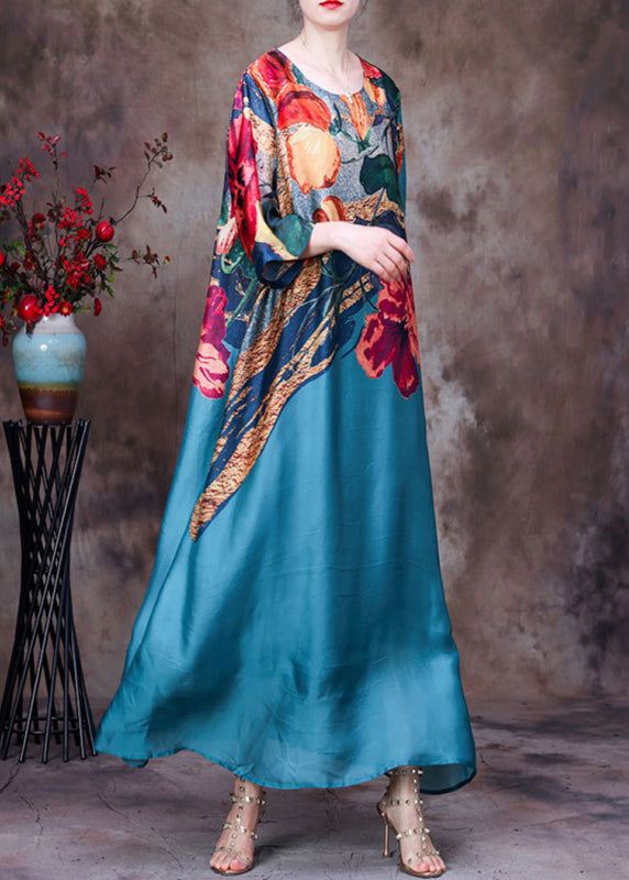 Lake Blue Pockets Print Silk Long Dresses O Neck Half Sleeve AA1030 Ada Fashion