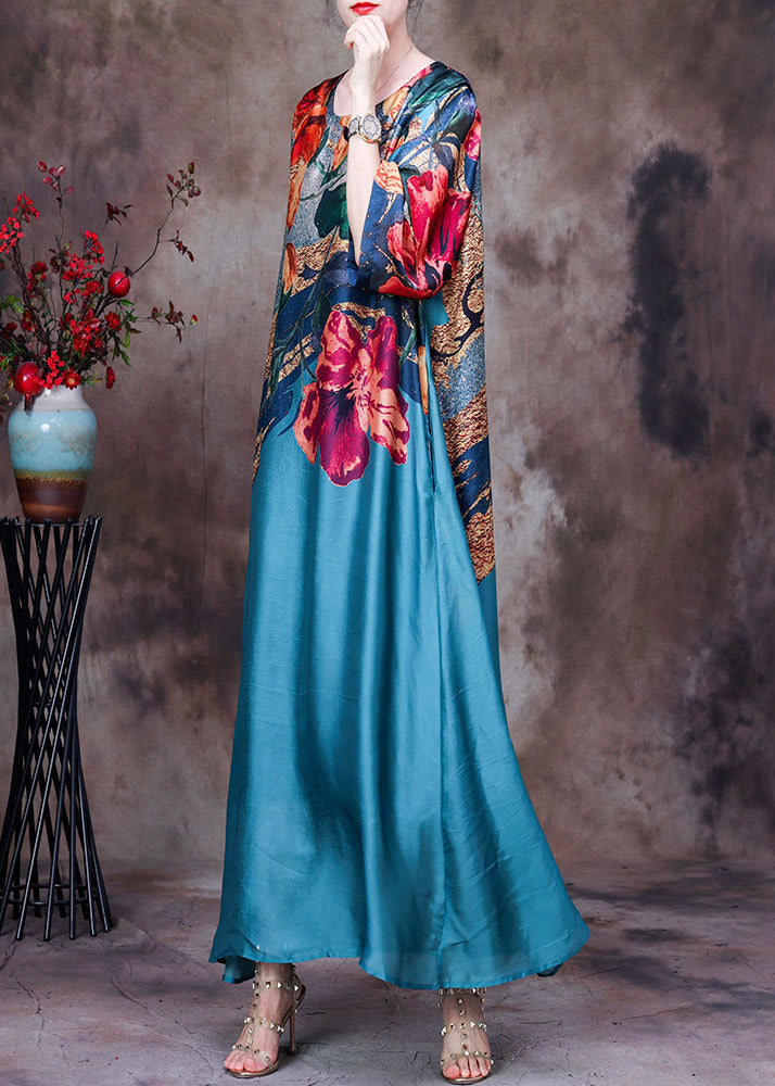 Lake Blue Pockets Print Silk Long Dresses O Neck Half Sleeve AA1030 Ada Fashion