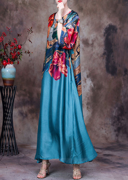 Lake Blue Pockets Print Silk Long Dresses O Neck Half Sleeve AA1030 Ada Fashion