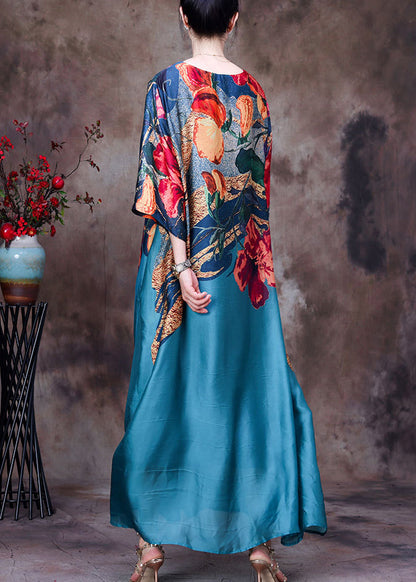 Lake Blue Pockets Print Silk Long Dresses O Neck Half Sleeve AA1030 Ada Fashion