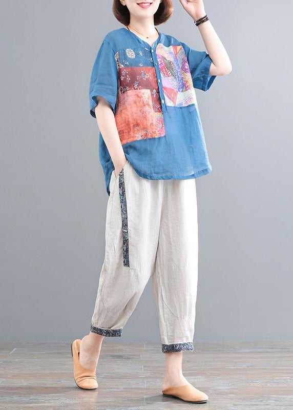 Two Set Lake Piece Summer Print Oversized Blue Linen FashionChic