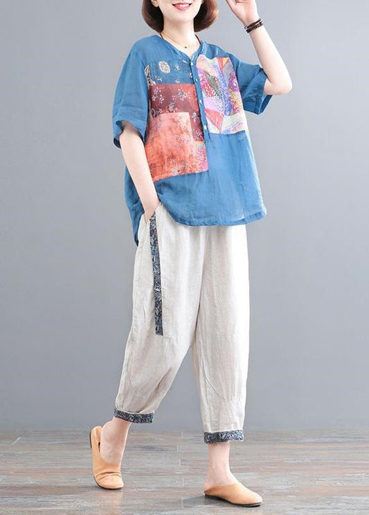 Two Set Lake Piece Summer Print Oversized Blue Linen FashionChic
