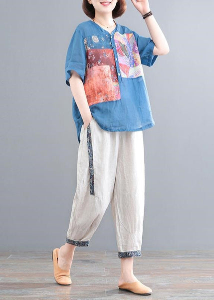 Two Set Lake Piece Summer Print Oversized Blue Linen FashionChic