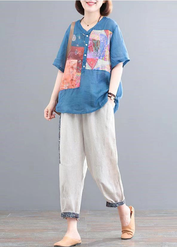 Two Set Lake Piece Summer Print Oversized Blue Linen FashionChic