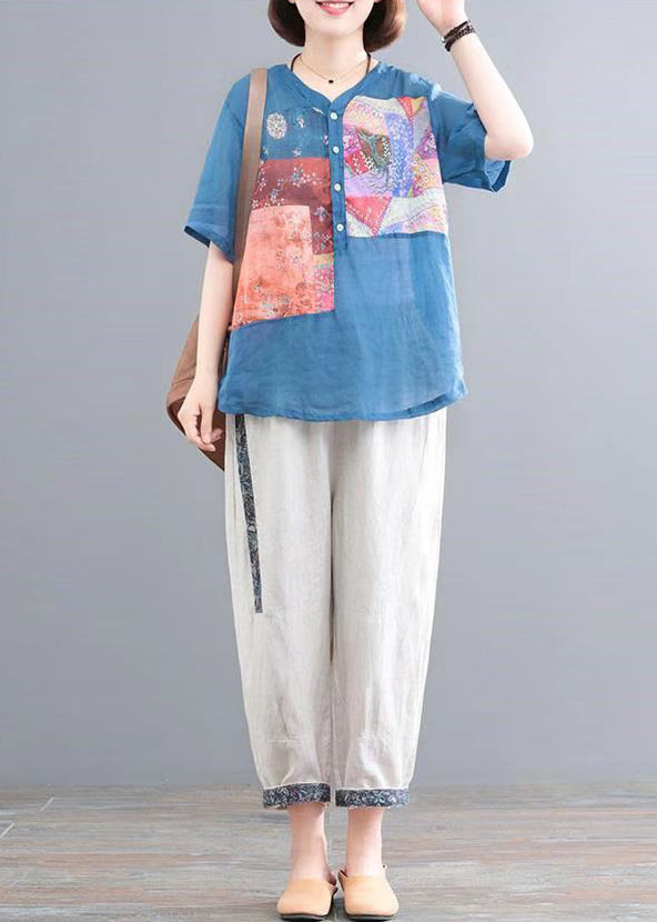 Two Set Lake Piece Summer Print Oversized Blue Linen FashionChic