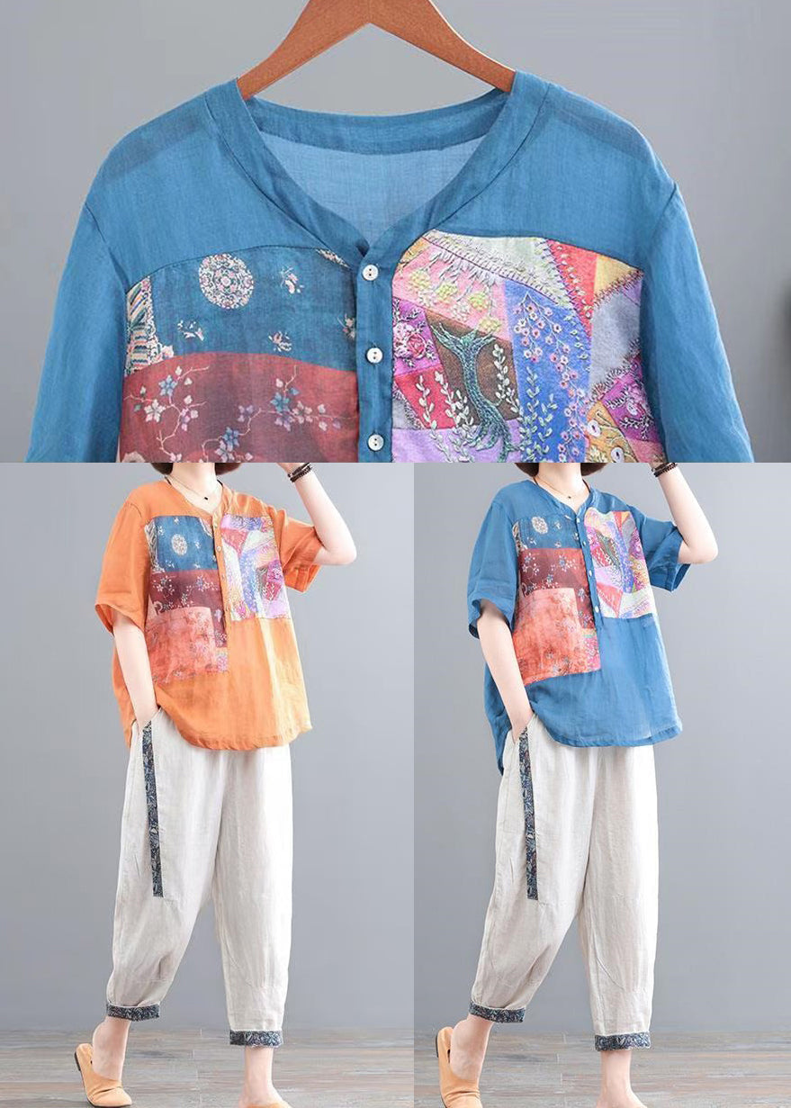Two Set Lake Piece Summer Print Oversized Blue Linen FashionChic