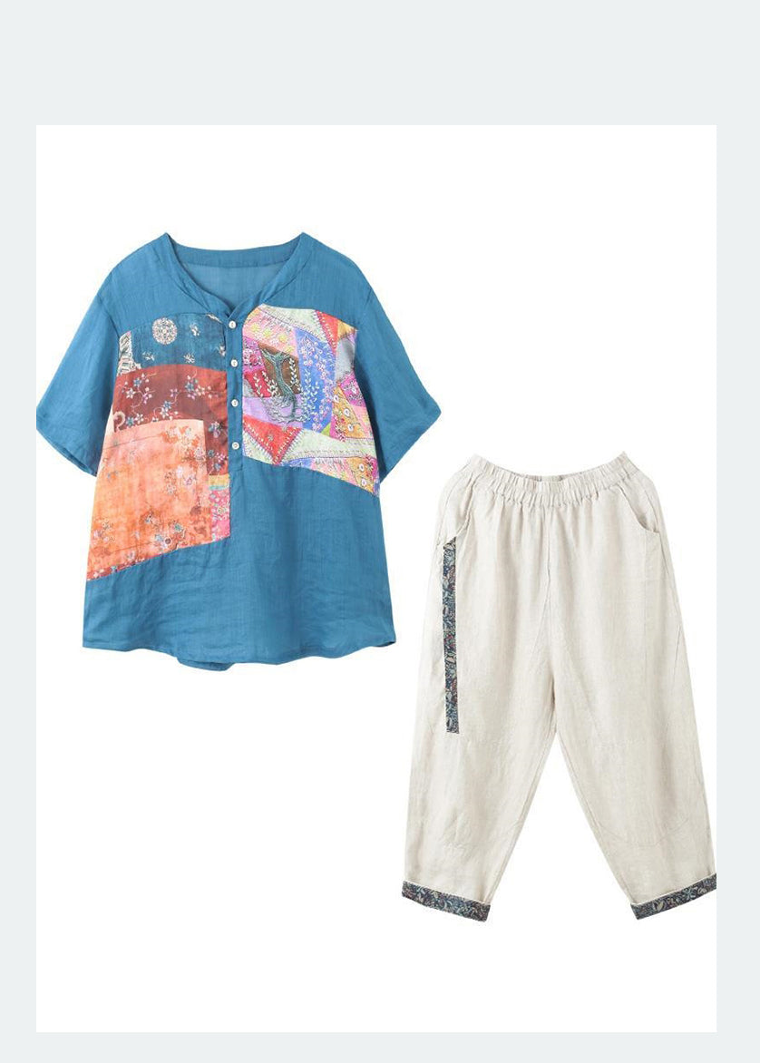 Two Set Lake Piece Summer Print Oversized Blue Linen FashionChic