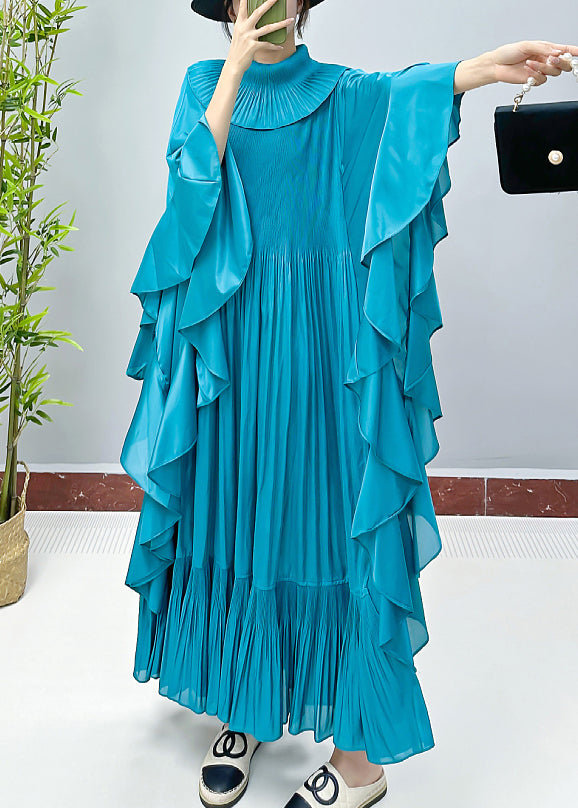 Lake Blue Wrinkled Cotton Long Dress Turtleneck Spring AA1023 Ada Fashion