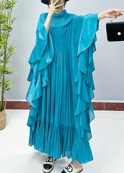 Lake Blue Wrinkled Cotton Long Dress Turtleneck Spring AA1023 Ada Fashion