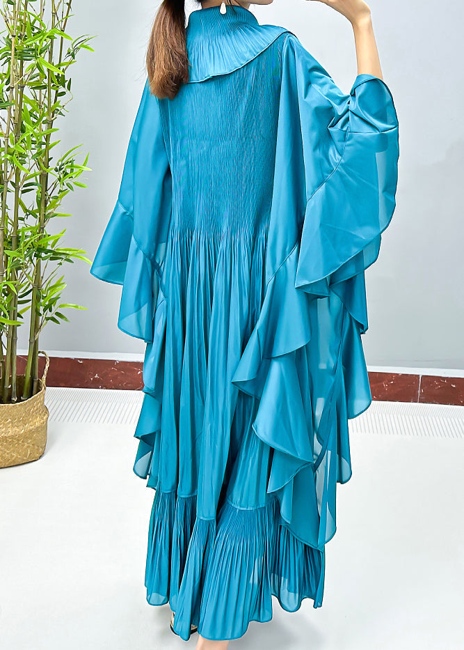 Lake Blue Wrinkled Cotton Long Dress Turtleneck Spring AA1023 Ada Fashion