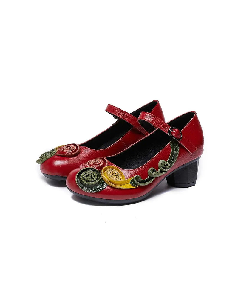 Leather Flowers Front Oriental Chunky Heels Ada Fashion