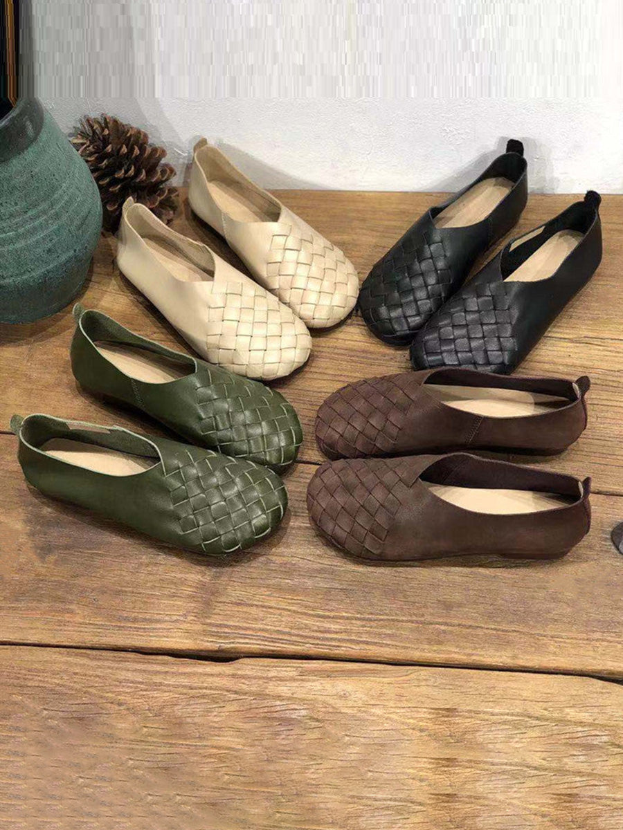Leather Women Solid Color Woven Round Toe Flat Shoes HH026 CL