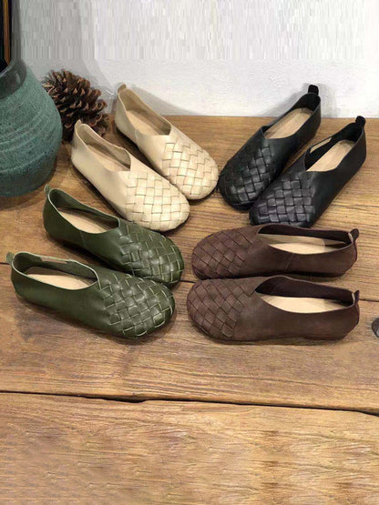 Leather Women Solid Color Woven Round Toe Flat Shoes HH026 CL