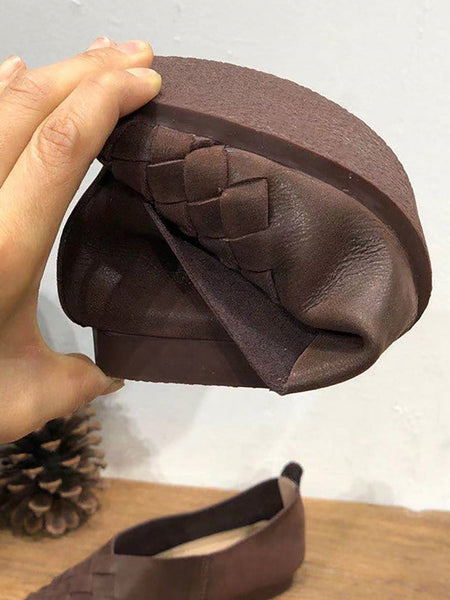 Leather Women Solid Color Woven Round Toe Flat Shoes HH026 CL