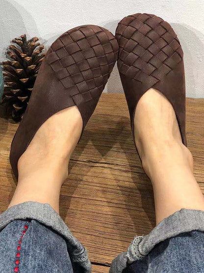 Leather Women Solid Color Woven Round Toe Flat Shoes HH026 CL
