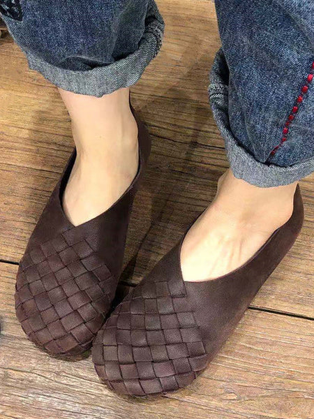 Leather Women Solid Color Woven Round Toe Flat Shoes HH026 CL