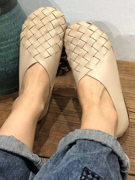 Leather Women Solid Color Woven Round Toe Flat Shoes HH026 CL