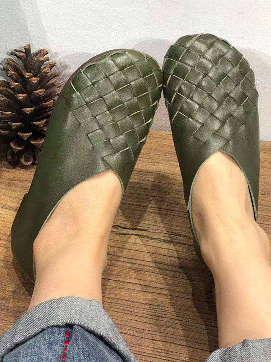 Leather Women Solid Color Woven Round Toe Flat Shoes HH026 CL