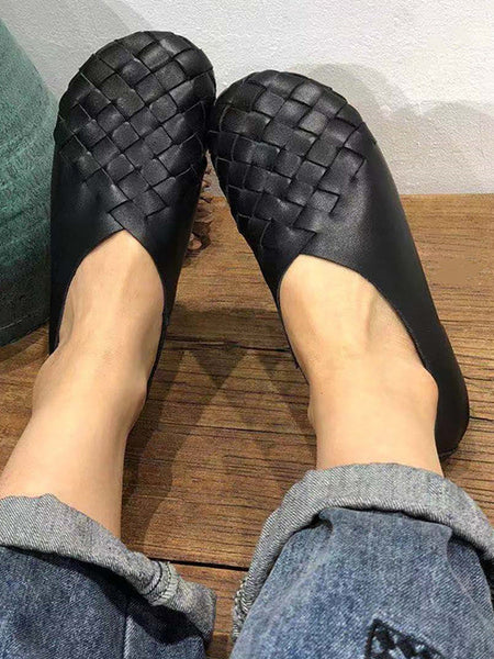 Leather Women Solid Color Woven Round Toe Flat Shoes HH026 CL