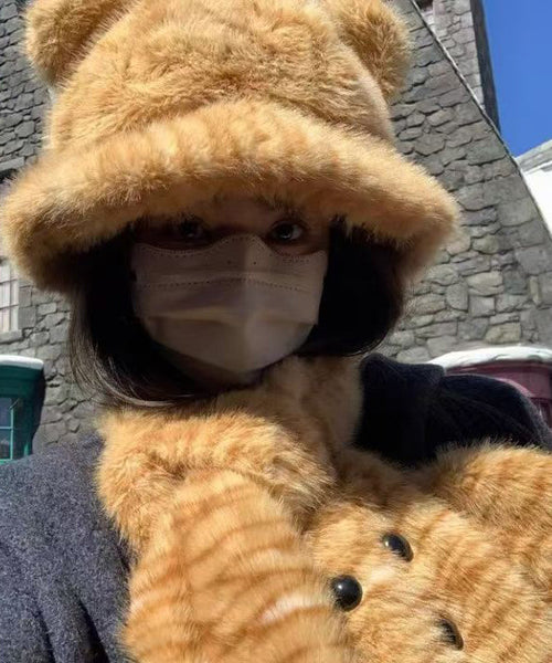 Leopard Print Cute Faux Fur Fisherman Hat Scarf Set RB050 ABC