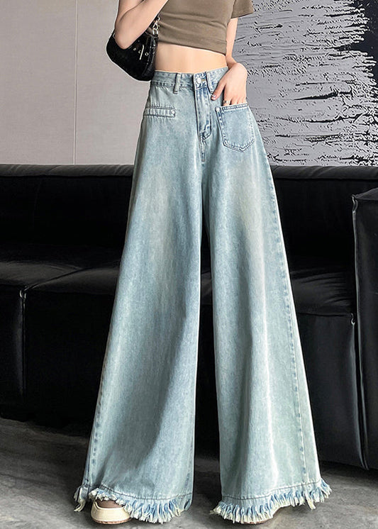 Light Blue Button Denim Wide Leg Pants Tasseled AW1006 OM-NZ240827