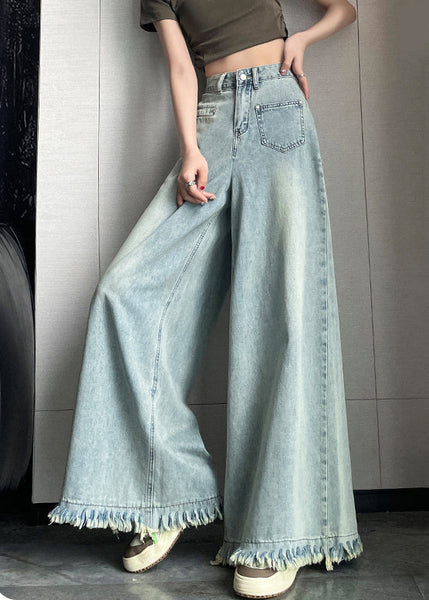 Light Blue Button Denim Wide Leg Pants Tasseled AW1006 OM-NZ240827