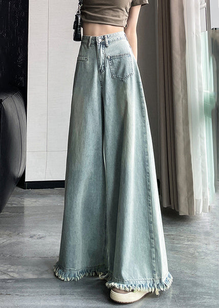 Light Blue Button Denim Wide Leg Pants Tasseled AW1006 OM-NZ240827
