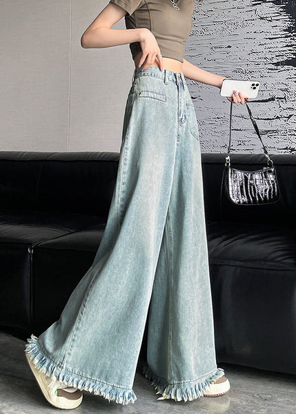 Light Blue Button Denim Wide Leg Pants Tasseled AW1006 OM-NZ240827