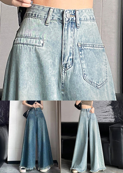 Light Blue Button Denim Wide Leg Pants Tasseled AW1006 OM-NZ240827