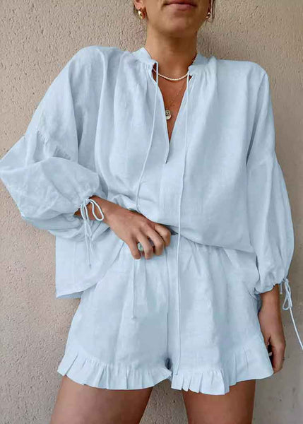 Cotton Suit Shirts Blue And Summer Up Shorts Lace Light Piece Two FashionChic