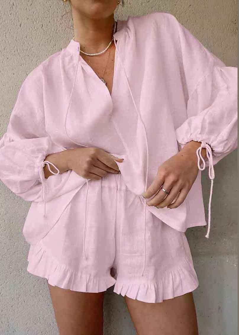 Cotton Suit Shirts Blue And Summer Up Shorts Lace Light Piece Two FashionChic