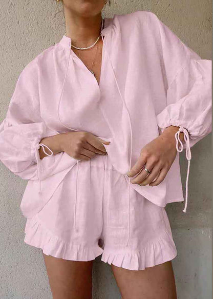 Cotton Suit Shirts Blue And Summer Up Shorts Lace Light Piece Two FashionChic