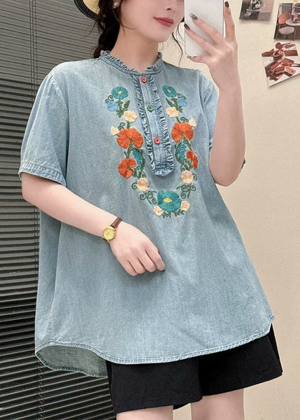 Light Summer Blouses Ruffled Denim Blue Embroidered FashionChic