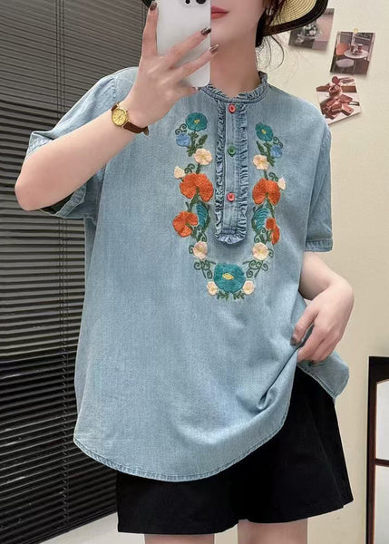 Light Summer Blouses Ruffled Denim Blue Embroidered FashionChic