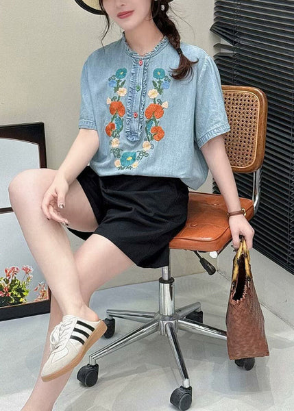 Light Summer Blouses Ruffled Denim Blue Embroidered FashionChic