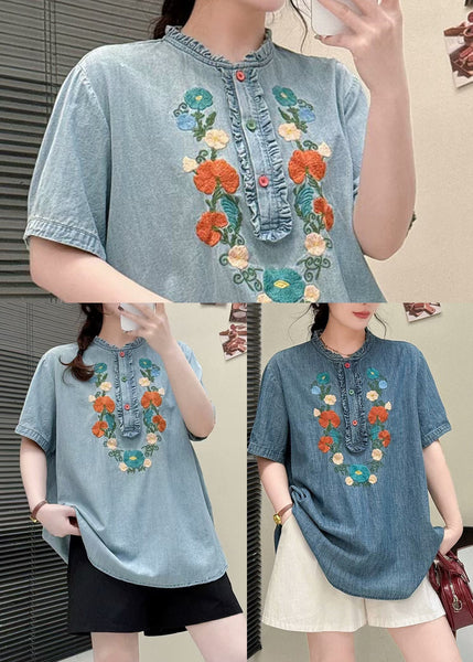 Light Summer Blouses Ruffled Denim Blue Embroidered FashionChic