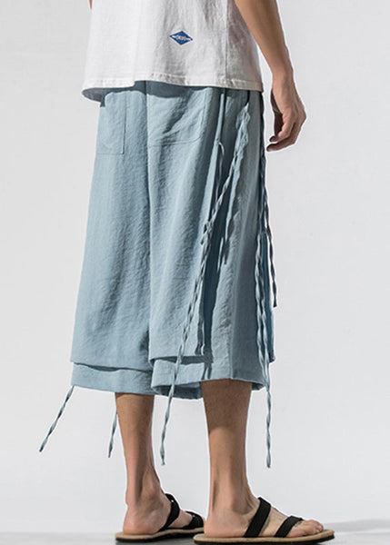 Light Blue Elastic Waist Tassel Men Crop Pants Summer YT024 Men-Silk-MENCP240721